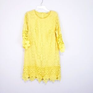 Yellow Floral Lace Long Sleeve Dress Shift Twiggy Style Bell Sleeves Size 1X XXL